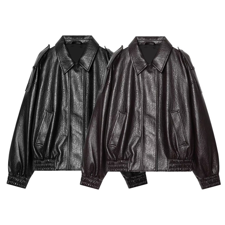 Women Oversized Faux Leather Bomber Jacket with Epaulettes and Gathered Hem Mune Fashion