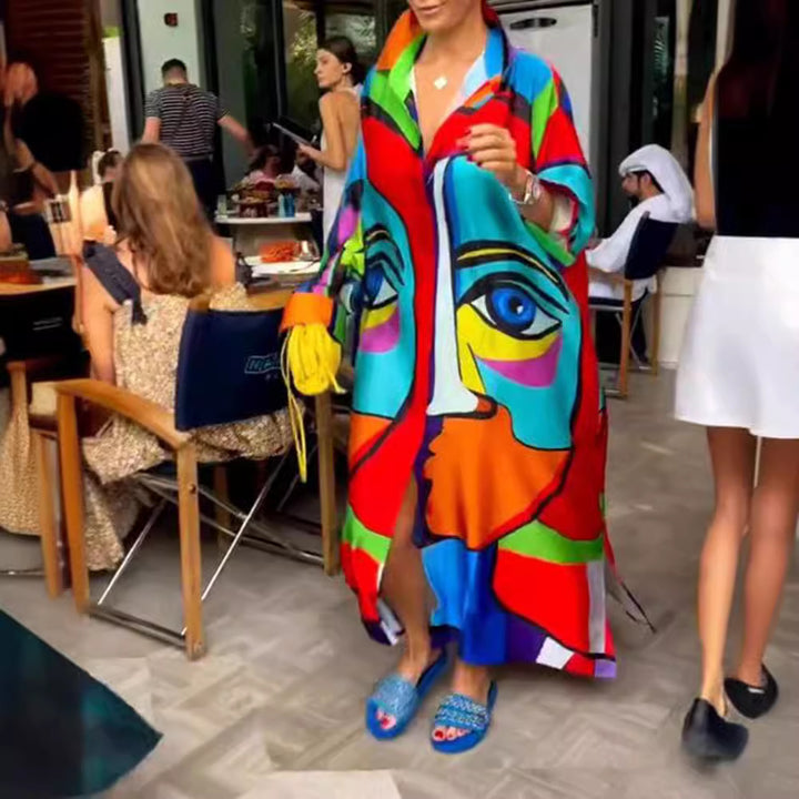 Women's oversized shirt kaftan with abstract portrait print and shirt collar Mune Fashion
