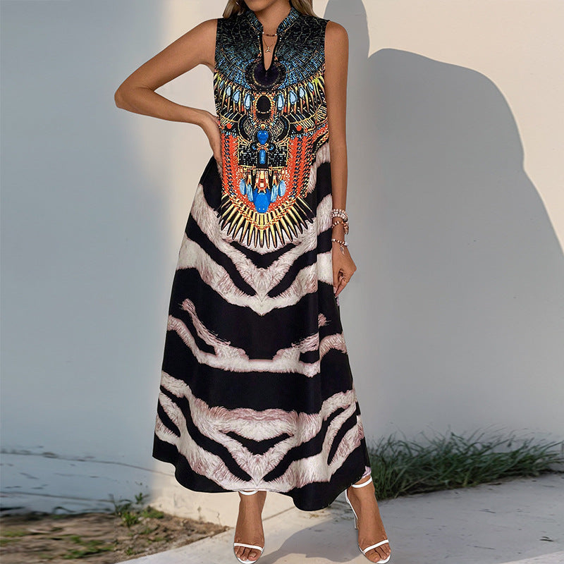 Women's Sleeveless Maxi Dress with Statement Neck Print, Ethnic Motif and Flared A-Line Silhouette Mune Fashion