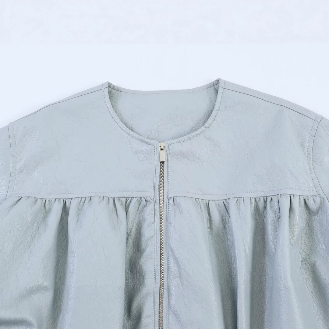 Women Oversize Faux Leather Jacket with Round Neck, Gathered Yoke and Balloon Sleeves Mune Fashion