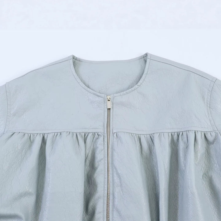 Women Oversize Faux Leather Jacket with Round Neck, Gathered Yoke and Balloon Sleeves Mune Fashion