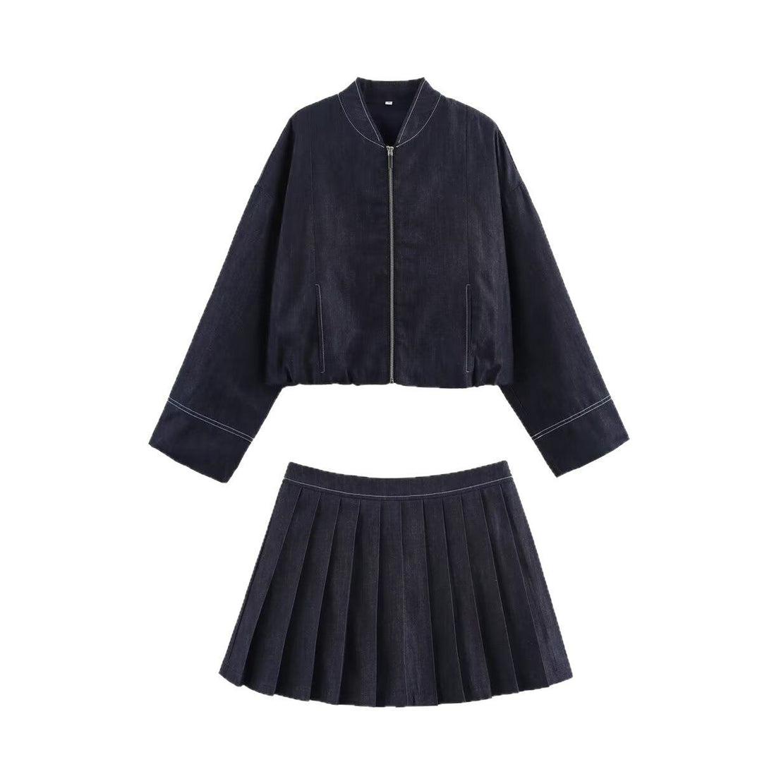 Women Cropped Denim Bomber Jacket with Dropped Shoulders and Contrast Stitch Mune Fashion