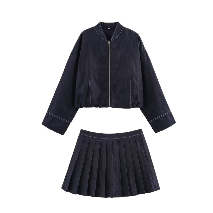 Women Cropped Denim Bomber Jacket with Dropped Shoulders and Contrast Stitch Mune Fashion