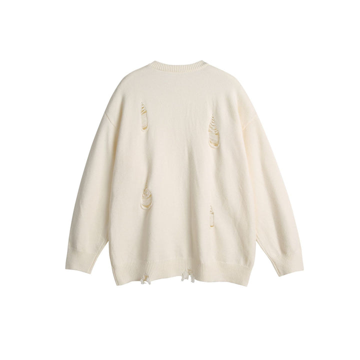 Unisex Oversize Knit Sweater with Destroyed Detail and Ribbed Cuffs Mune Fashion
