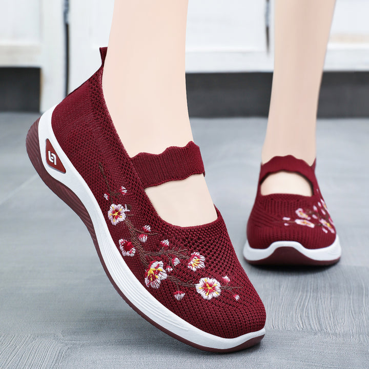 Women nan embroidered knitted slip-on sneakers with Mary Jane straps and shock-absorbing EVA sole Mune Fashion