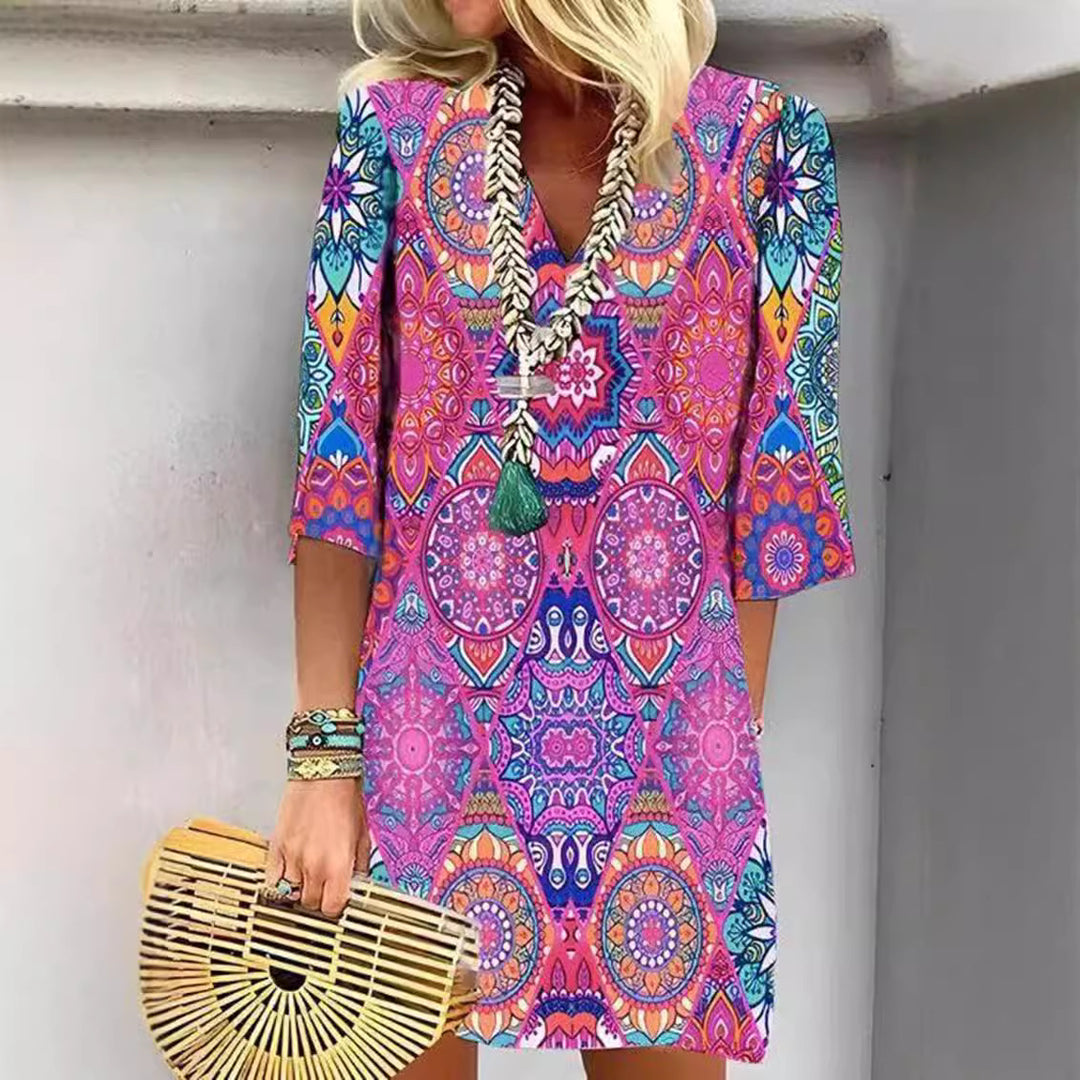 Women's short Boho tunic mini dress with V-neck, mandala all-over print and three-quarter sleeves Mune Fashion