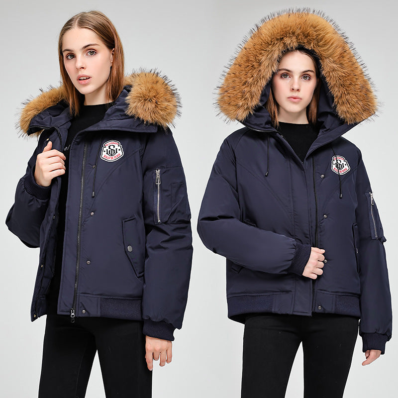 Women's short bomber-style parka jacket with removable fur hood and logo patch Mune Fashion