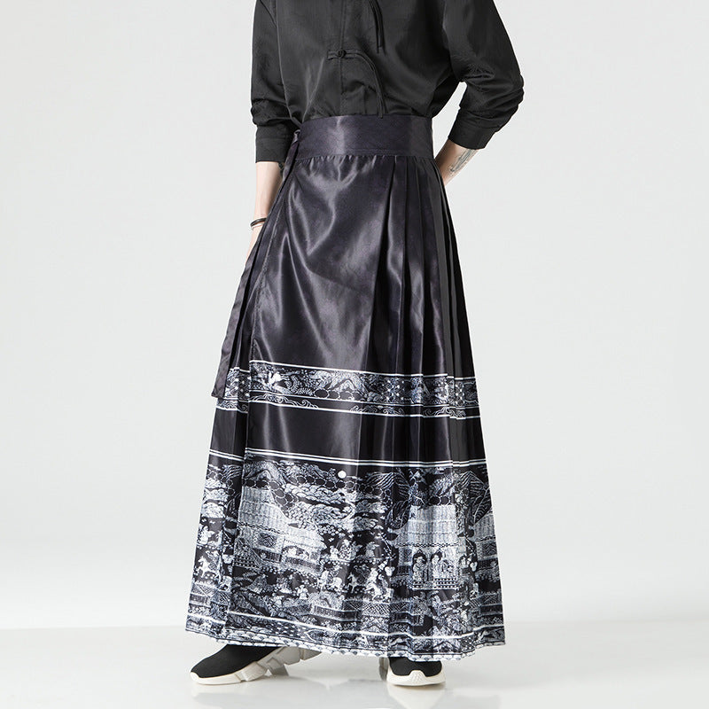 Women's maxi skirt with wide waistband, ornamental border and pleated folds Mune Fashion