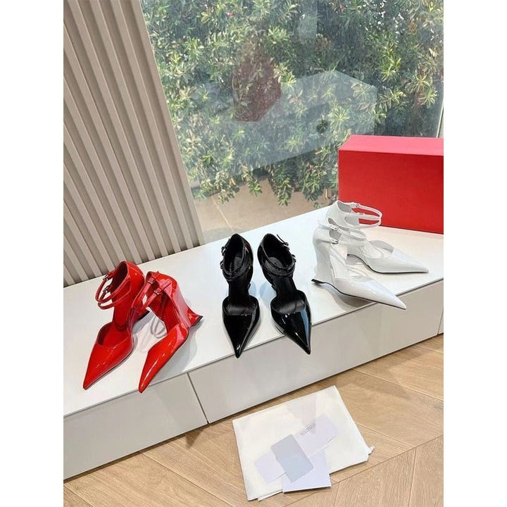 Women's pointed toe patent wedges with sculpted wedge heel and double ankle strap Mune Fashion