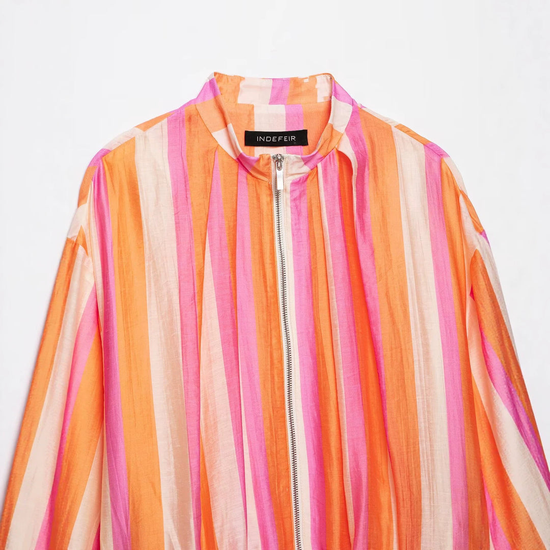 Women Striped Lightweight Bomber Jacket with Balloon Sleeves and Zipper Mune Fashion