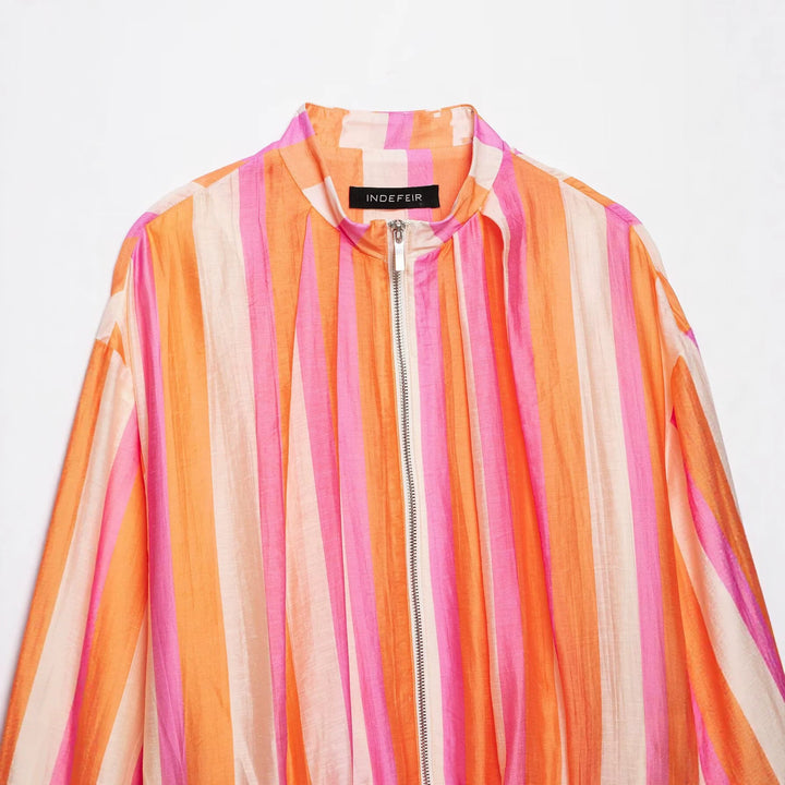 Women Striped Lightweight Bomber Jacket with Balloon Sleeves and Zipper Mune Fashion
