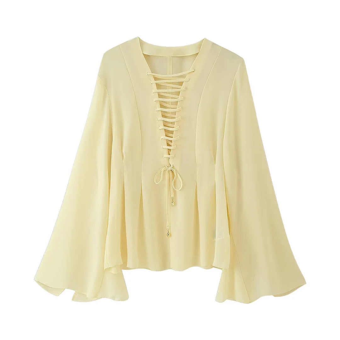 Women's feminine chiffon blouse with lacing V-neck and bell sleeves Mune Fashion
