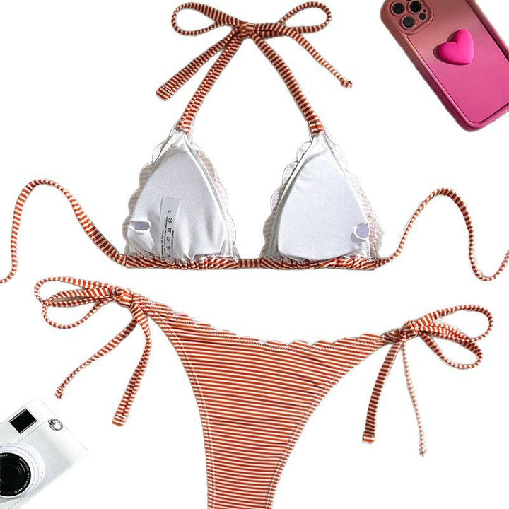 Women's triangle bikini with playful ruffle design and tie straps