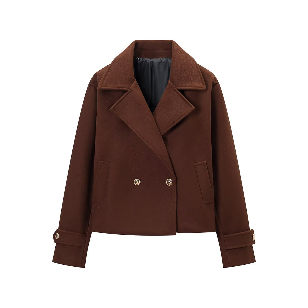 Women Short Double-Breasted Wool Mix Short Coat with Large Lapels, Roll-Up Cuffs and Flap Pockets Mune Fashion