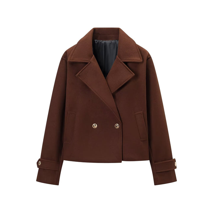 Women Short Double-Breasted Wool Mix Short Coat with Large Lapels, Roll-Up Cuffs and Flap Pockets Mune Fashion