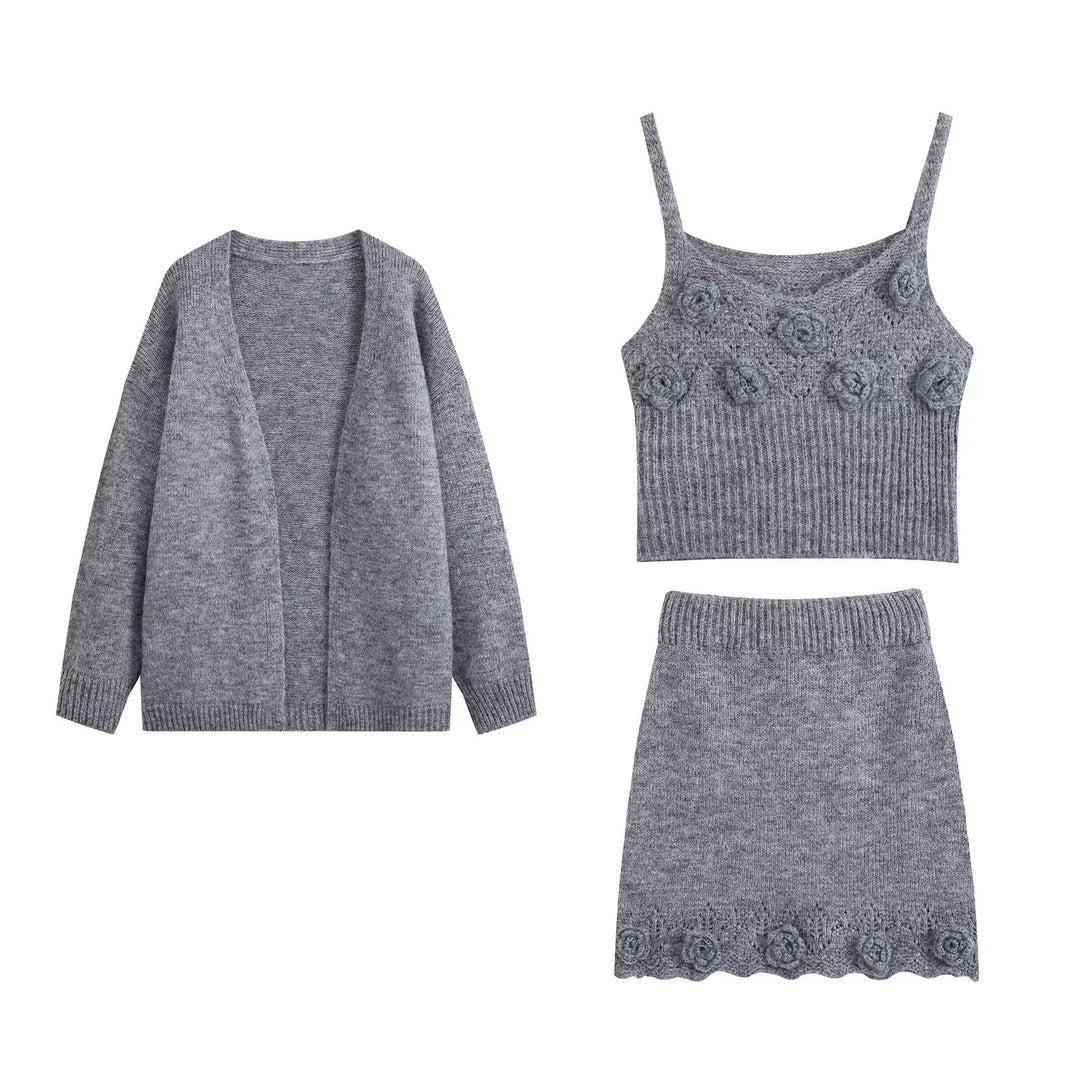 Ladies Three-Piece Knit Set with Open Cardigan, Spaghetti Top with Three-Dimensional Flowers and Fitted Skirt Drune