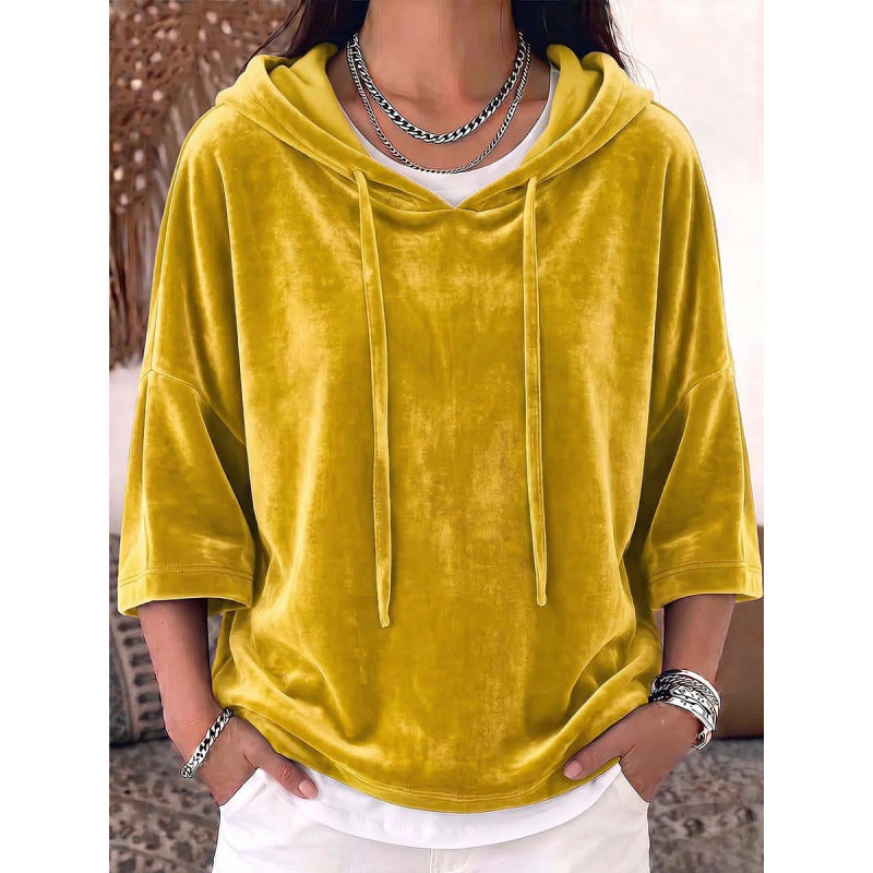 Women Oversize Velvet Half-Sleeve Hoodie with Drawstring and Pockets Mune Fashion