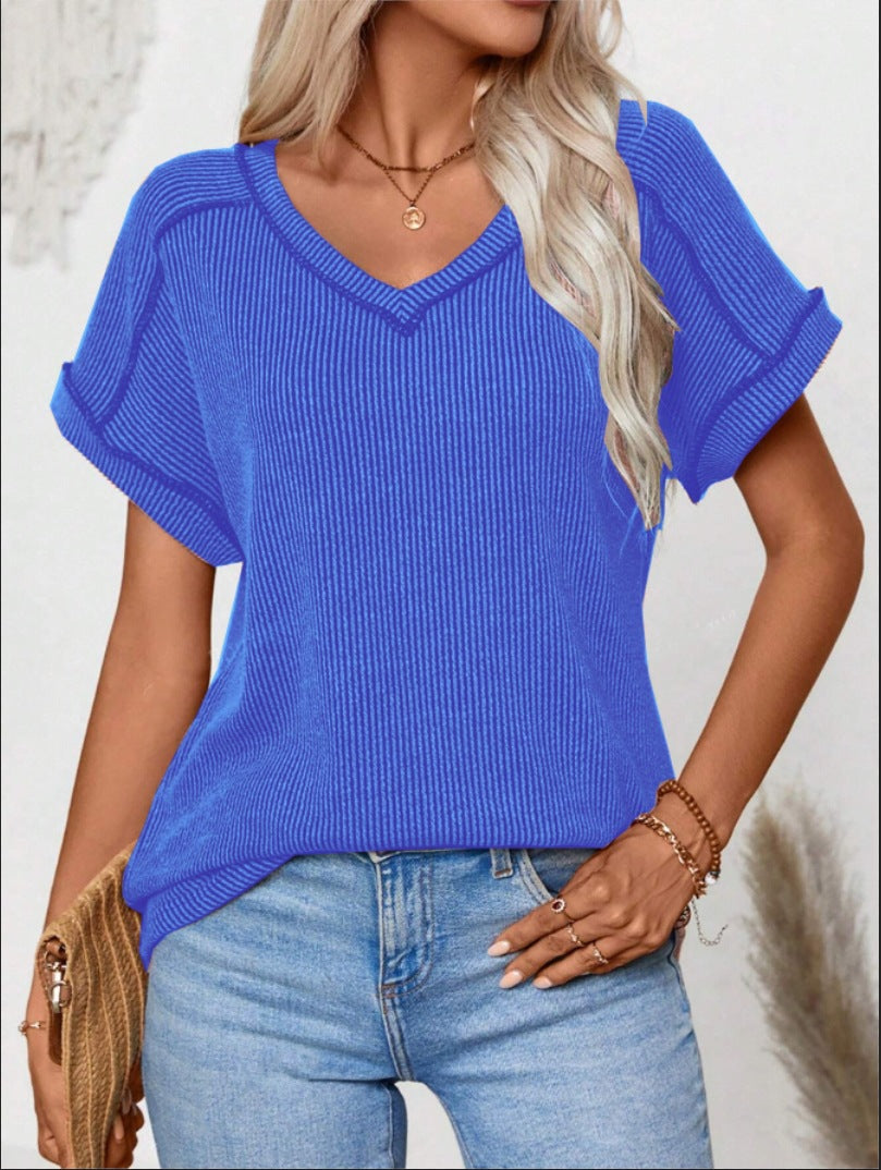 Women Ribbed V-Neck Short Sleeve Fine Knit Top with Turned Up Sleeves Mune Fashion