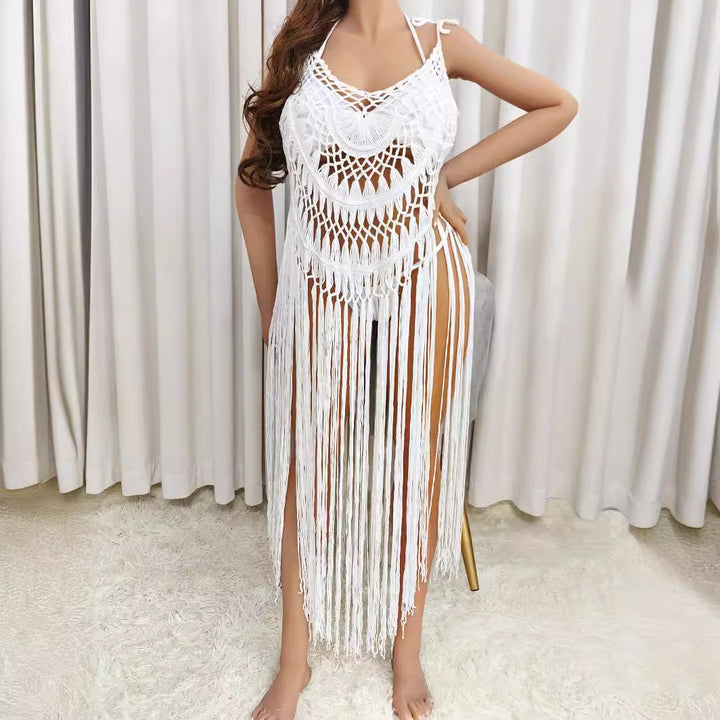 Women's Crochet Beach Cover-Up with Fringes and Decorative Pattern Mune Fashion