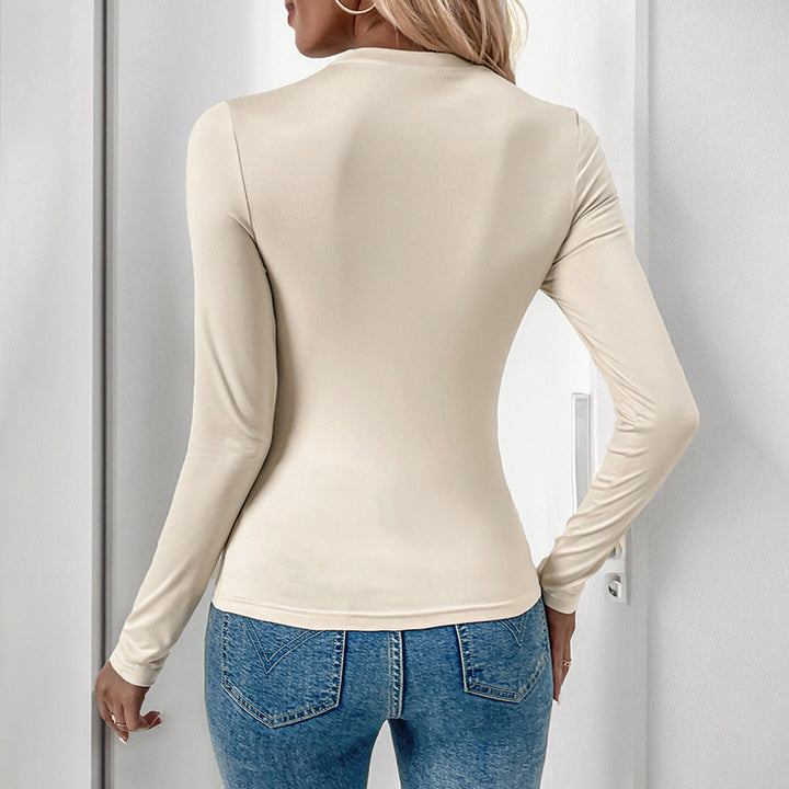 Women Tight-Fitting Long Sleeve Shirt with Round Neck and Stretch Basic Mune Fashion