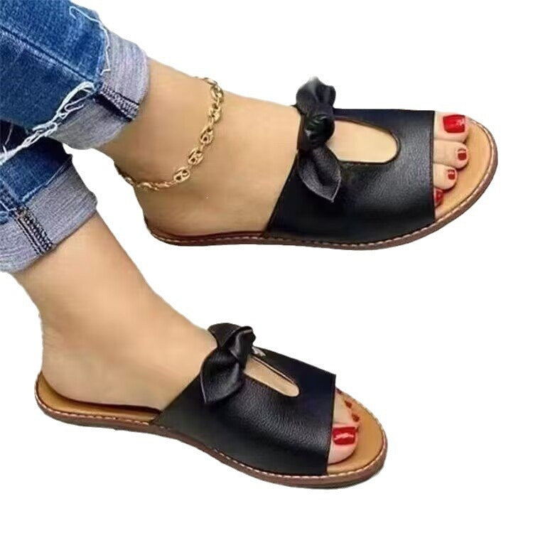 Women's Elegant Faux Leather Slides with Decorative Bow and Soft Comfort Footbed Mune Fashion