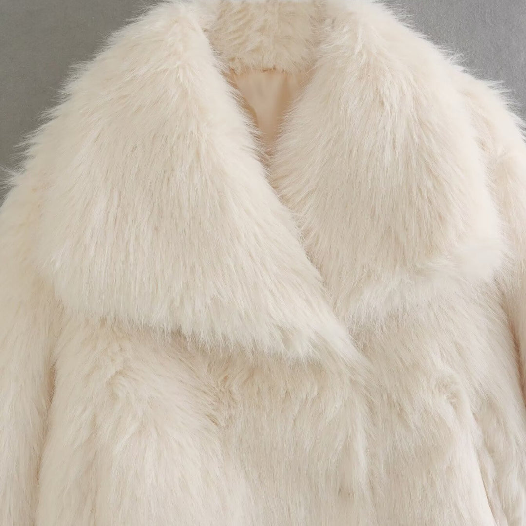 Women's Short Faux Fur Jacket with Wide Shawl Collar Mune Fashion