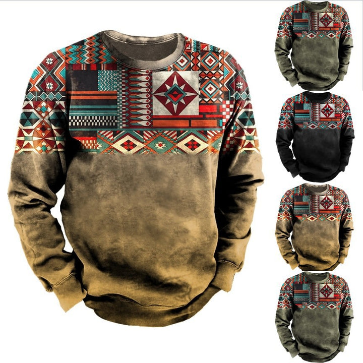 Men's sweatshirt with ethnic block print, vintage fade effect, and round neckline Mune Fashion