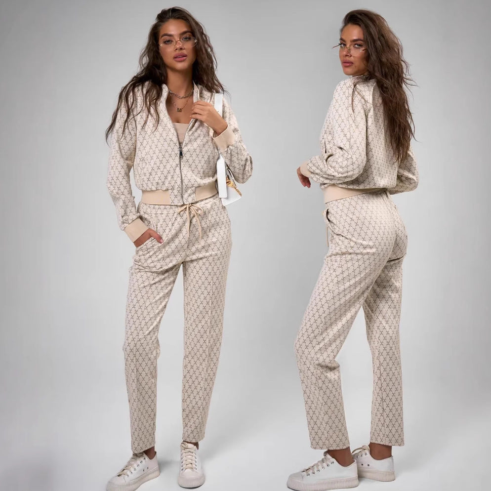 Women's jacquard lounge set with short bomber jacket and high-cut drawstring pants Mune Fashion