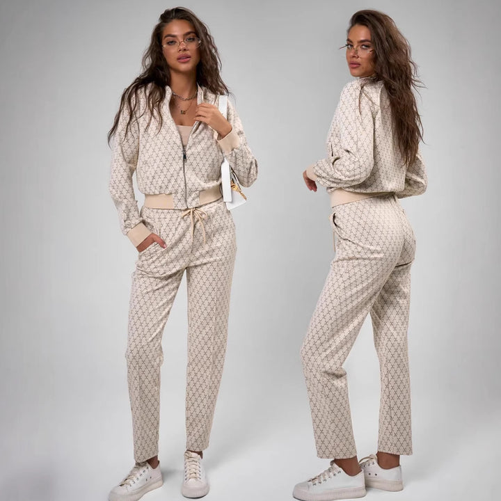 Women's jacquard lounge set with short bomber jacket and high-cut drawstring pants Mune Fashion