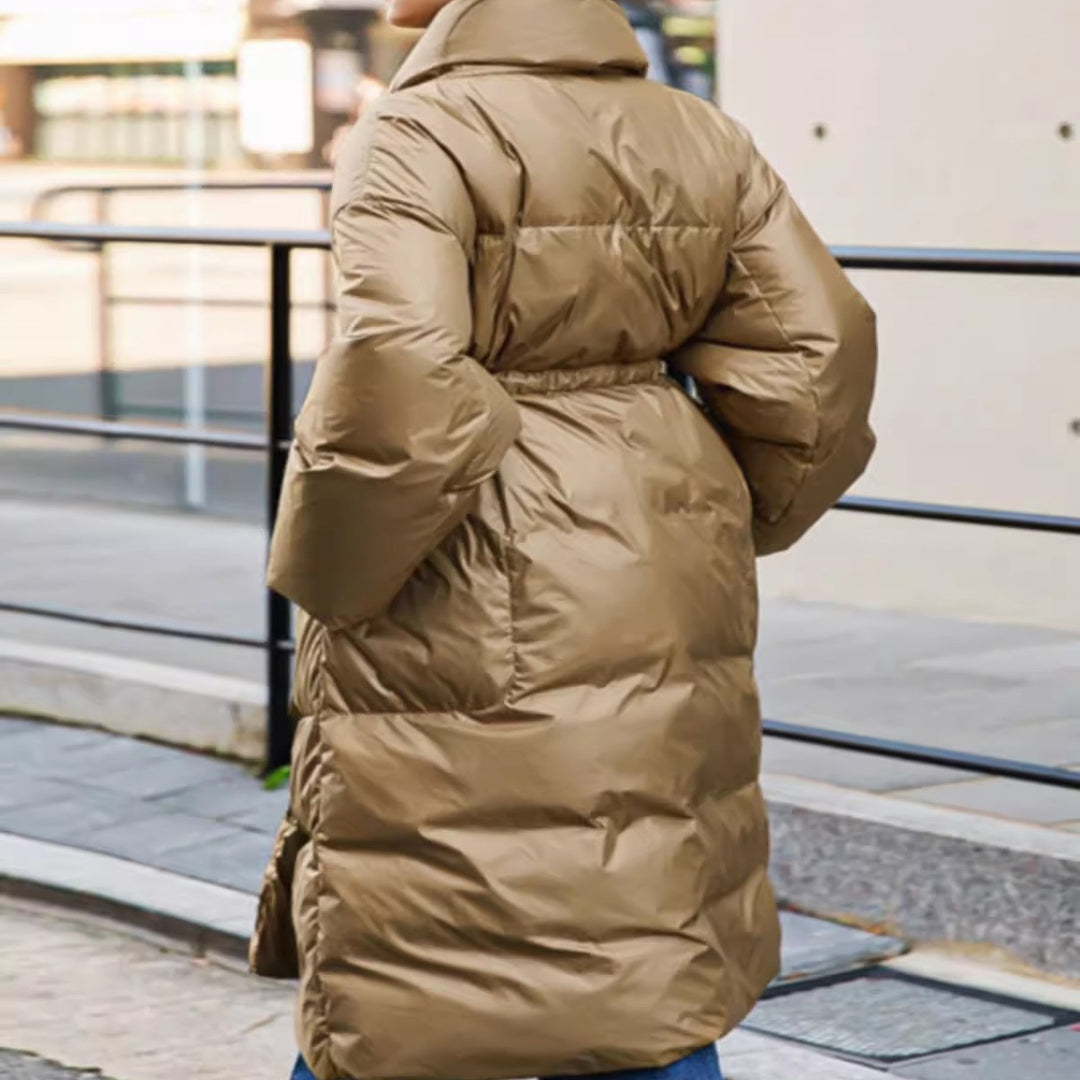 Women's Quilted Longline Parka with Wrap Tie Belt and Voluminous Sleeves Mune Fashion