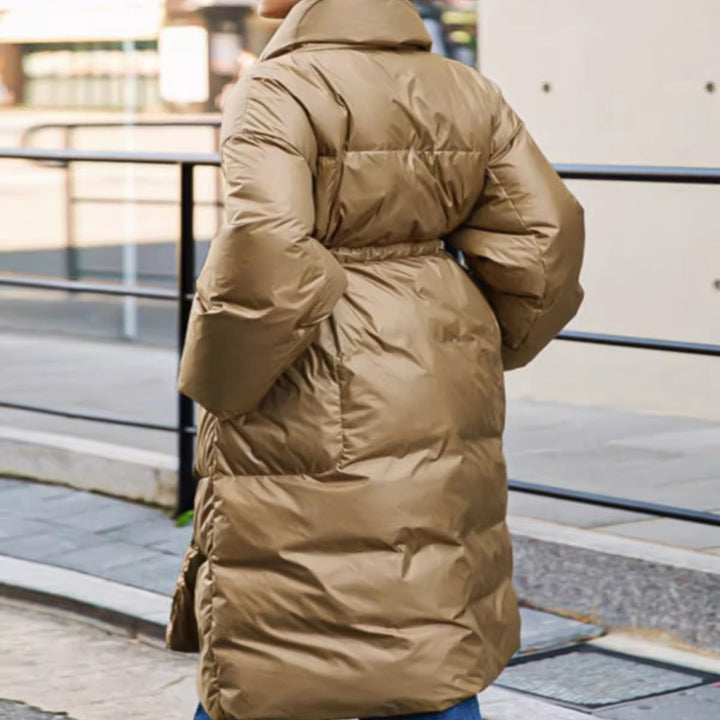 Women's Quilted Longline Parka with Wrap Tie Belt and Voluminous Sleeves Mune Fashion