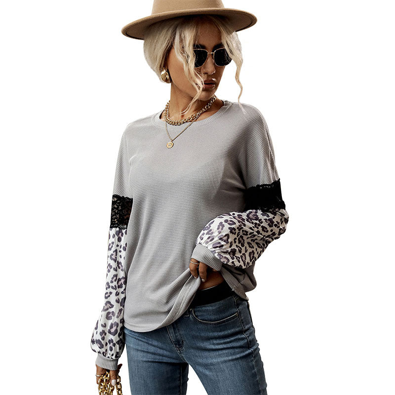 Women’s Long Sleeve Shirt with Leopard Sleeves and Lace Trim Mune Fashion
