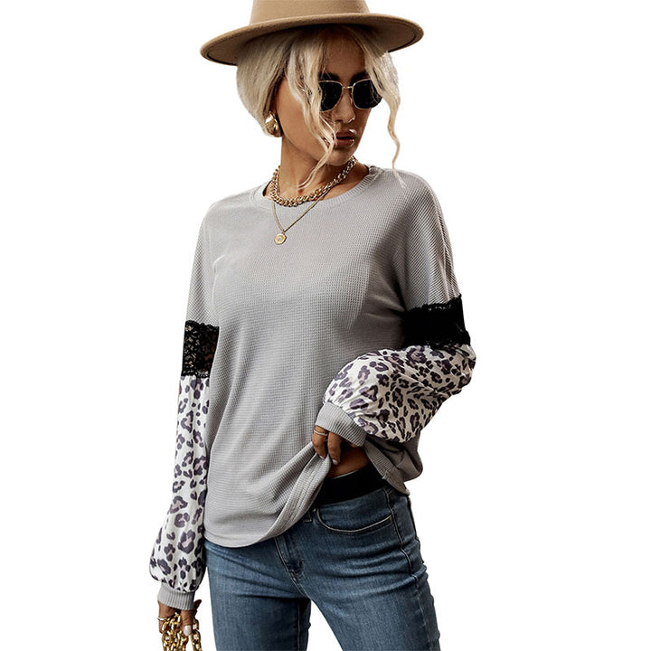 Women’s Long Sleeve Shirt with Leopard Sleeves and Lace Trim Mune Fashion