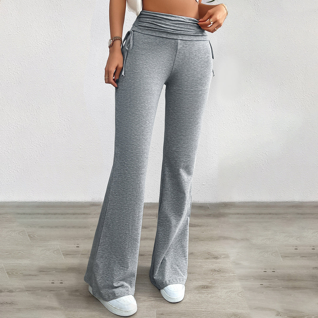 Women's soft palazzo lounge pants with folded waistband, side drawstrings, and flared leg Mune Fashion