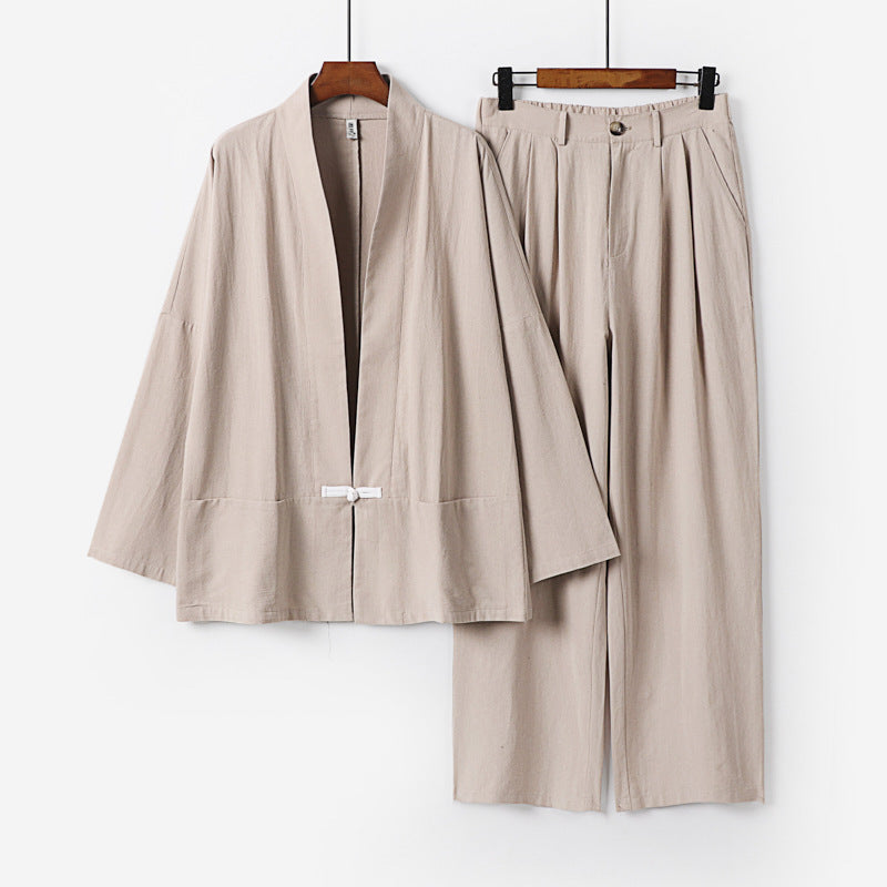 Women's Kimono Lounge Set made of lightweight viscose-linen with decorative toggle closure and wide waistband pants Mune Fashion