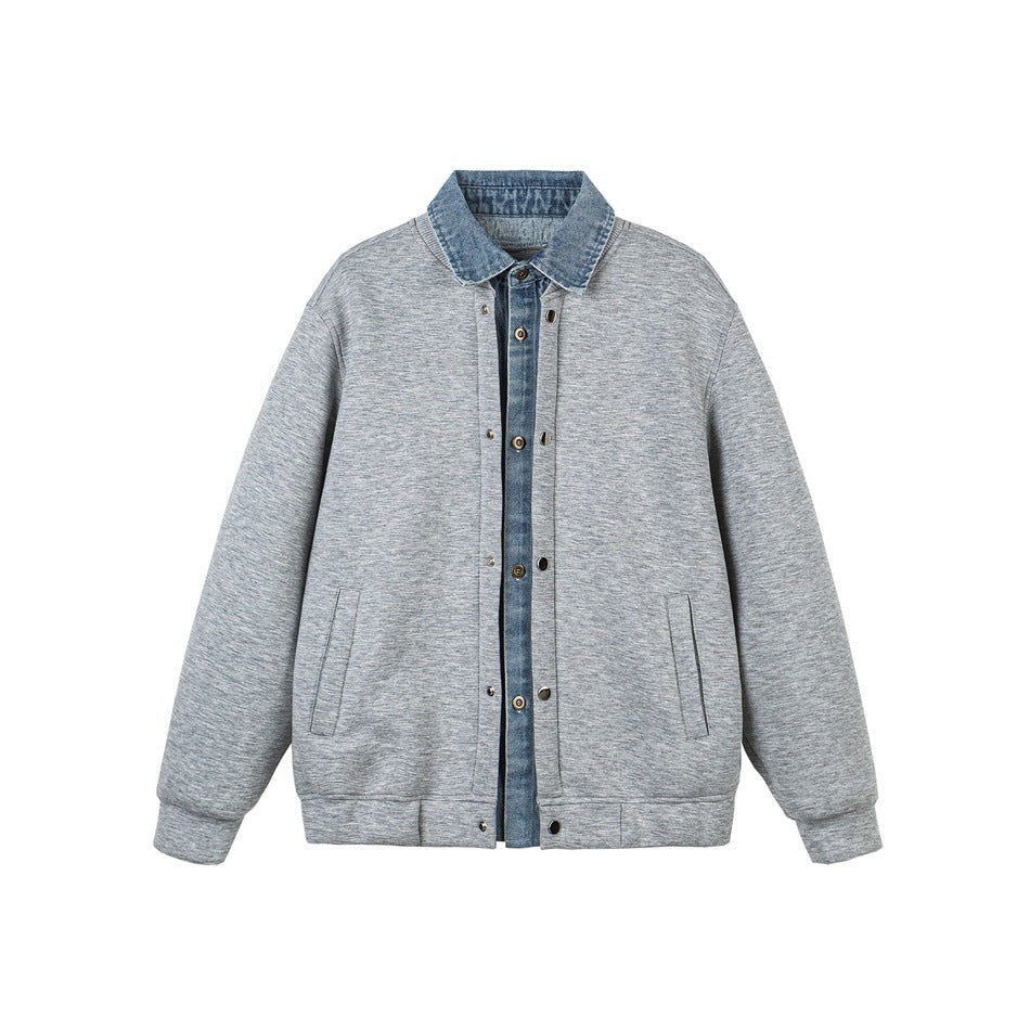 Unisex Layered Look Boxy Blouson with integrated Denim Collar and Snap Button Placket Mune Fashion