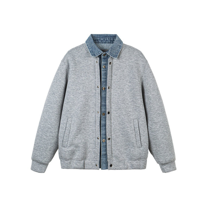 Unisex Layered Look Boxy Blouson with integrated Denim Collar and Snap Button Placket Mune Fashion