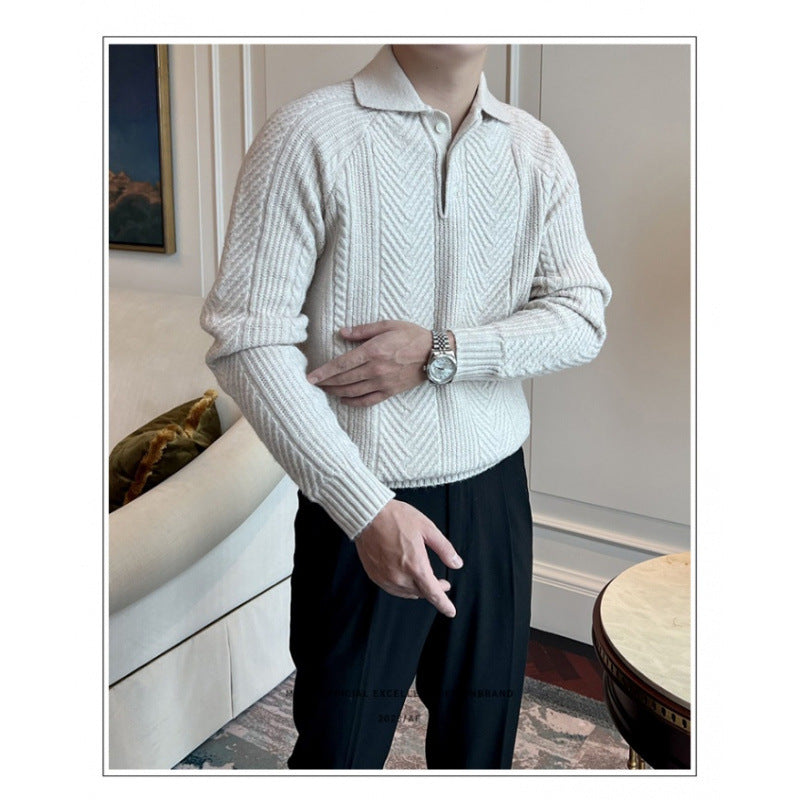 Men's Polo Collar Cable Knit Sweater with Half Button Placket Mune Fashion