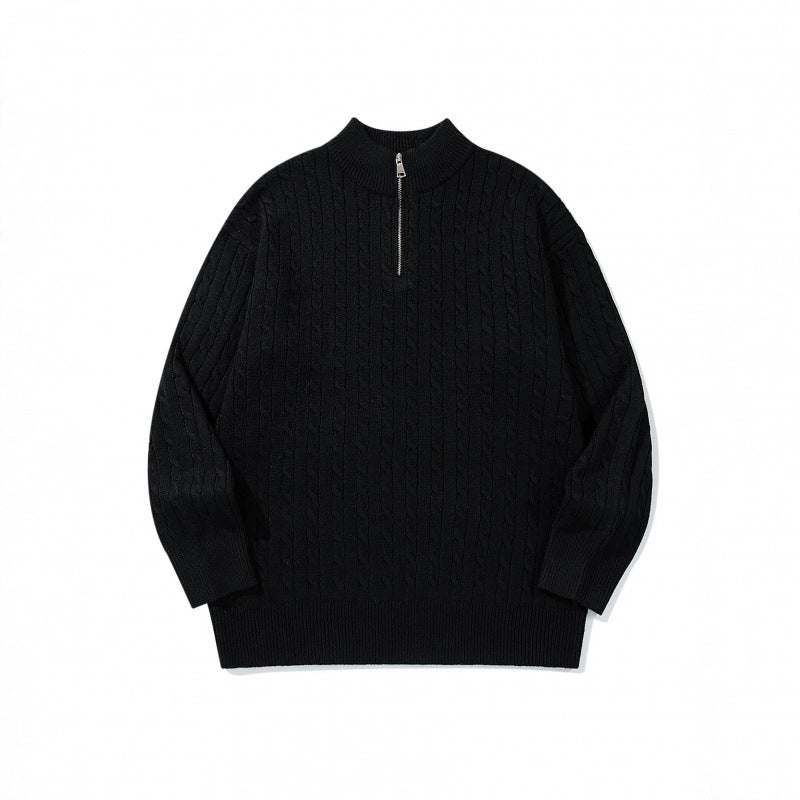 Unisex Oversize Braided Knit Half-Zip Sweater with Short Stand-Up Collar and Wide Ribbed Hem Mune Fashion