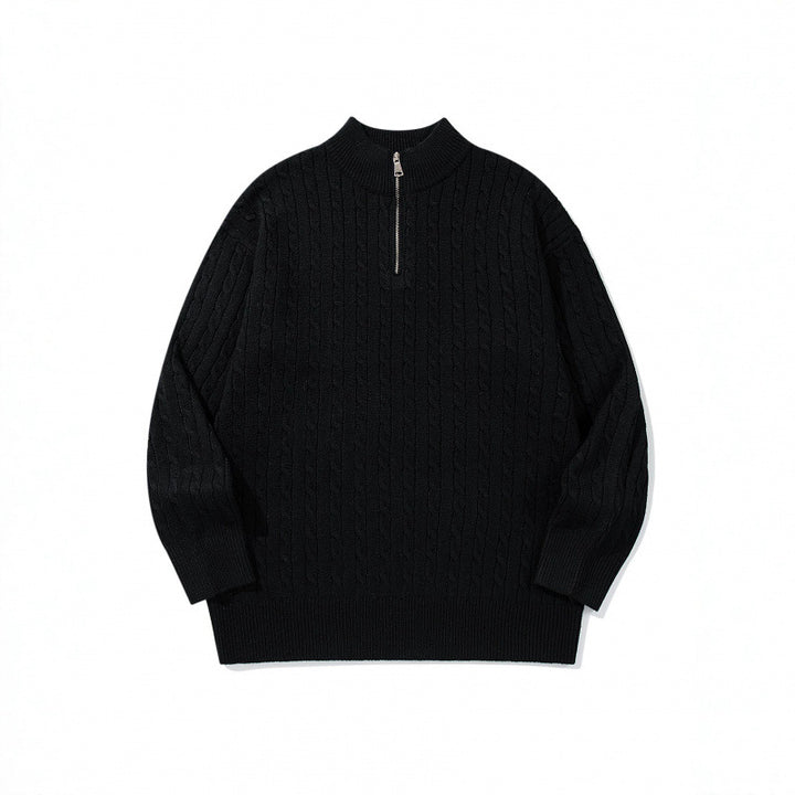Unisex Oversize Braided Knit Half-Zip Sweater with Short Stand-Up Collar and Wide Ribbed Hem Mune Fashion