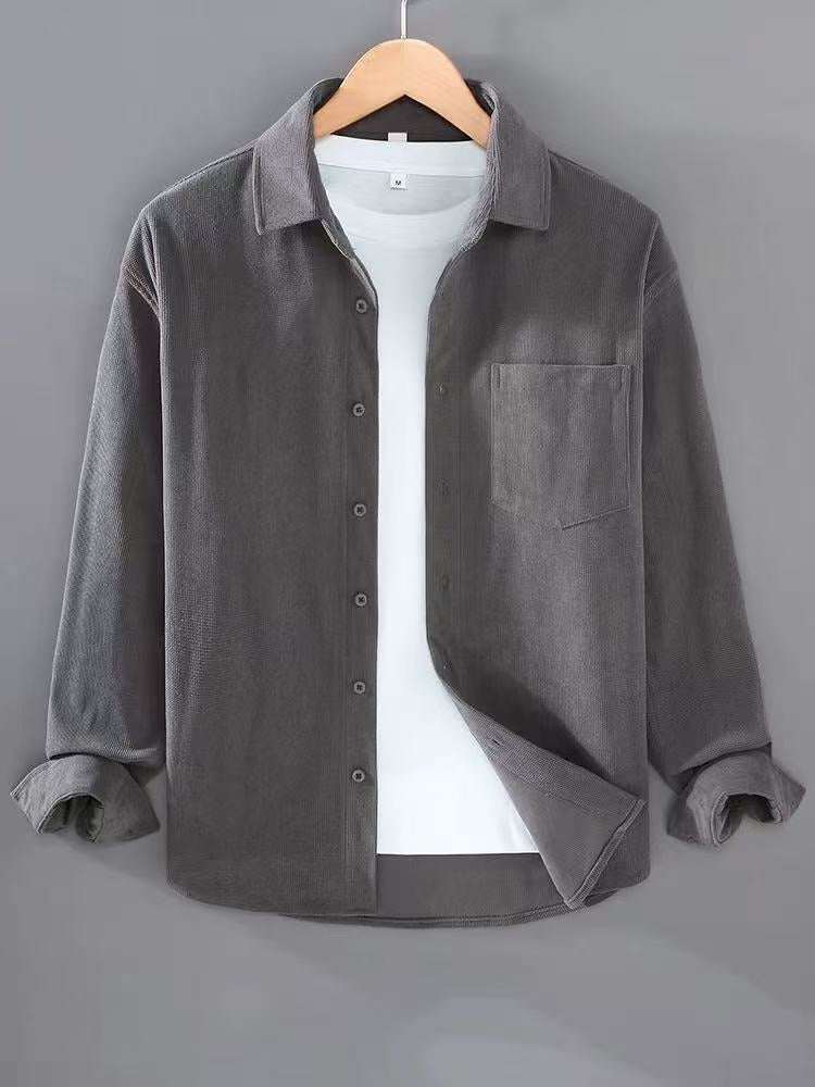 Men's Lightweight Fine Cord Shirt Jacket with Chest Pocket and Kent Collar Mune Fashion