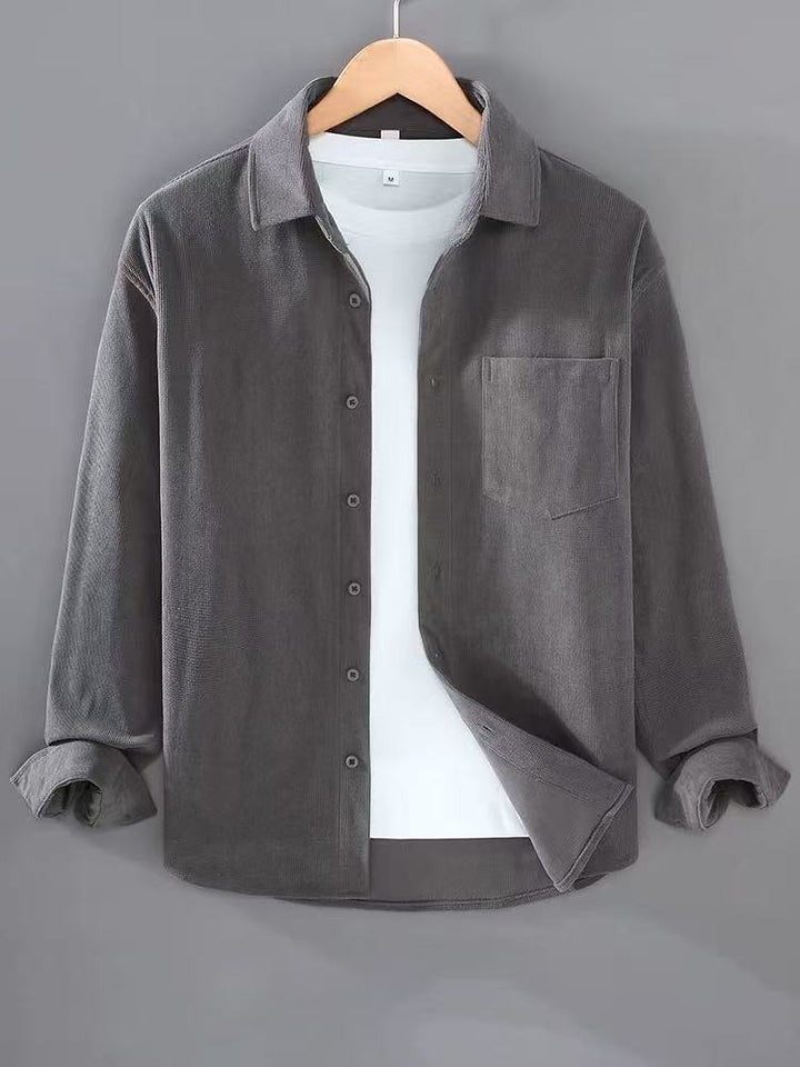 Men's Lightweight Fine Cord Shirt Jacket with Chest Pocket and Kent Collar Mune Fashion