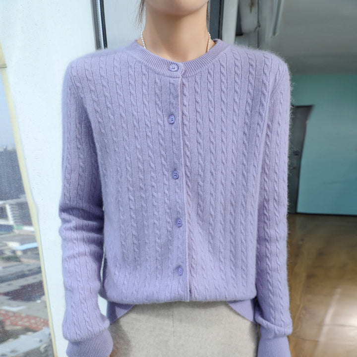 Ladies Short-cut Fine Knit Cardigan with Subtle Structure and Round Neck Mune Fashion