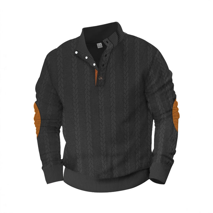 Men's casual cable knit pullover with reinforced button placket and suede elbow patches Mune Fashion