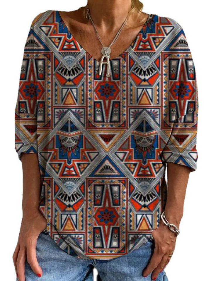 Women's Geometric Boho Tunic with V-Neck and Three-Quarter Sleeves Mune Fashion