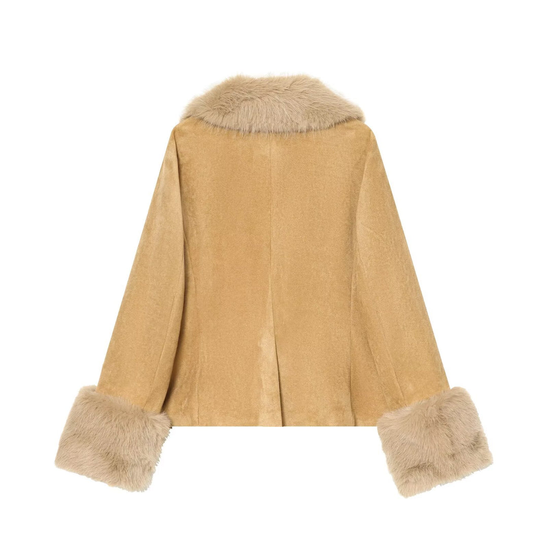 Women's short jacket made of faux suede with voluminous shawl collar and fur cuffs Mune Fashion