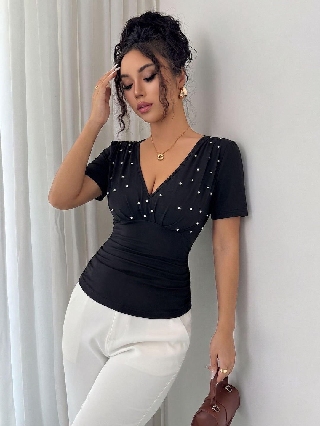 Women nano tailored draped short sleeve top with pearl trim and V-neck Mune Fashion