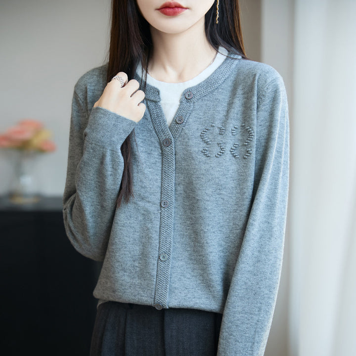 Women's Short Fine Knit Cardigan with V-slit Collar, Ribbed Trim and Subtle Structured Logo Mune Fashion