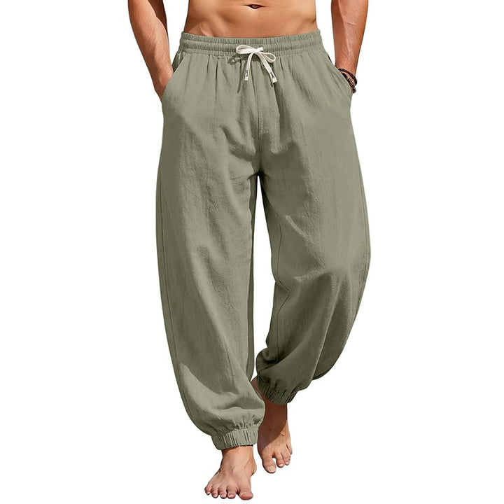 Men's relaxed harem pants made of linen blend with elastic drawstring waistband and gathered ankle closures Mune Fashion