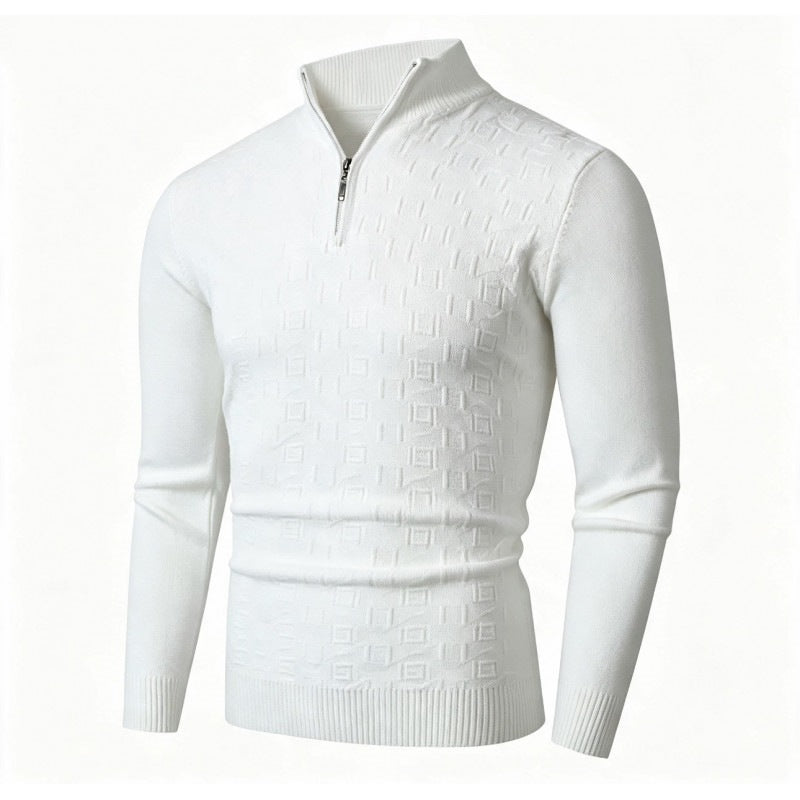 Men's Slim-Fit Fine Knit Half-Zip Sweater with Stand Collar and Geometric Relief Mune Fashion